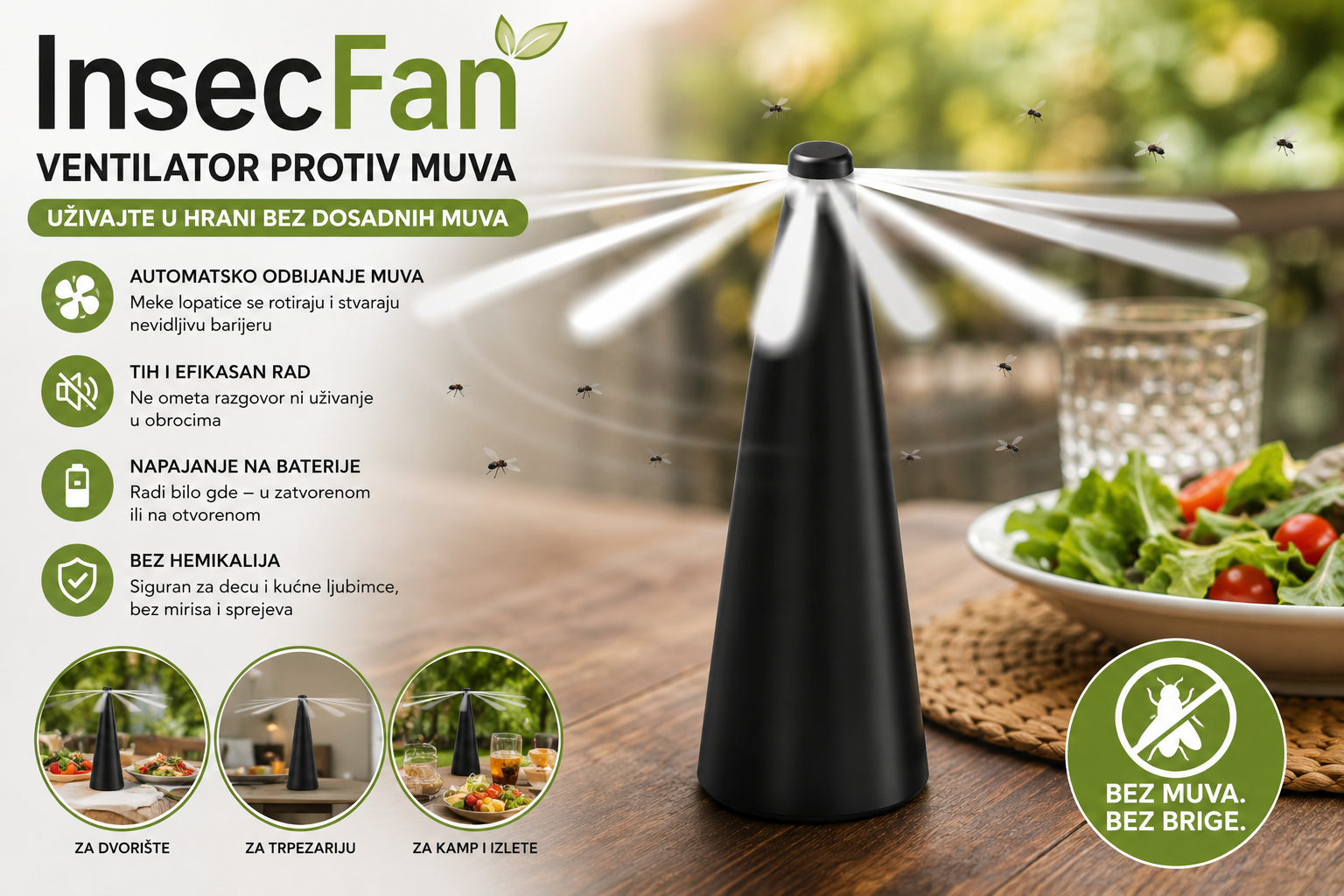 Ventilator Protiv Muva za Sto – Bez Hemikalija i Sprejeva | InsecFan Zaštita Hrane za Terasu, Kuhinju i Dvorište