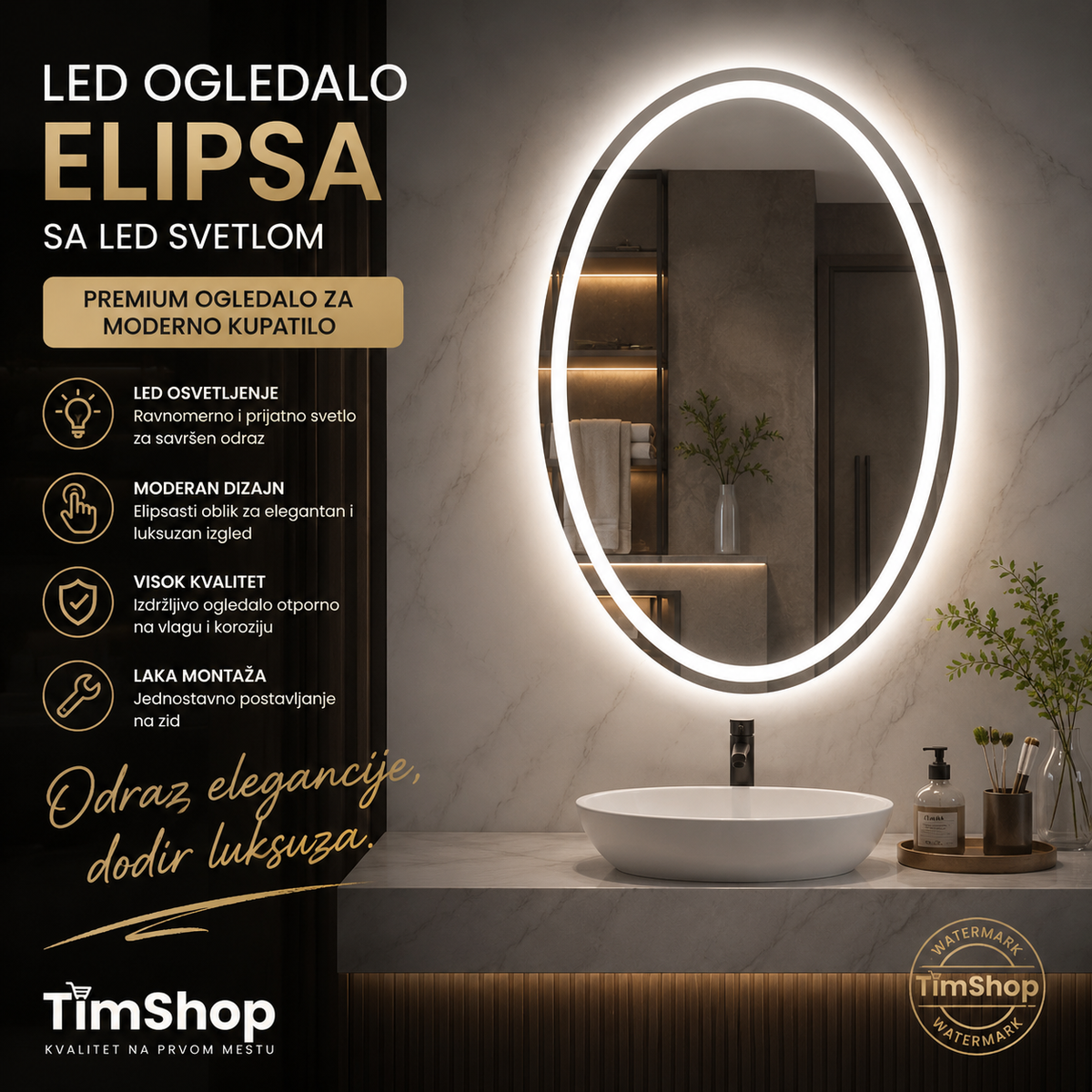 LED Ogledalo Elipsa sa LED Svetlom – Premium Ogledalo za Moderno Kupatilo