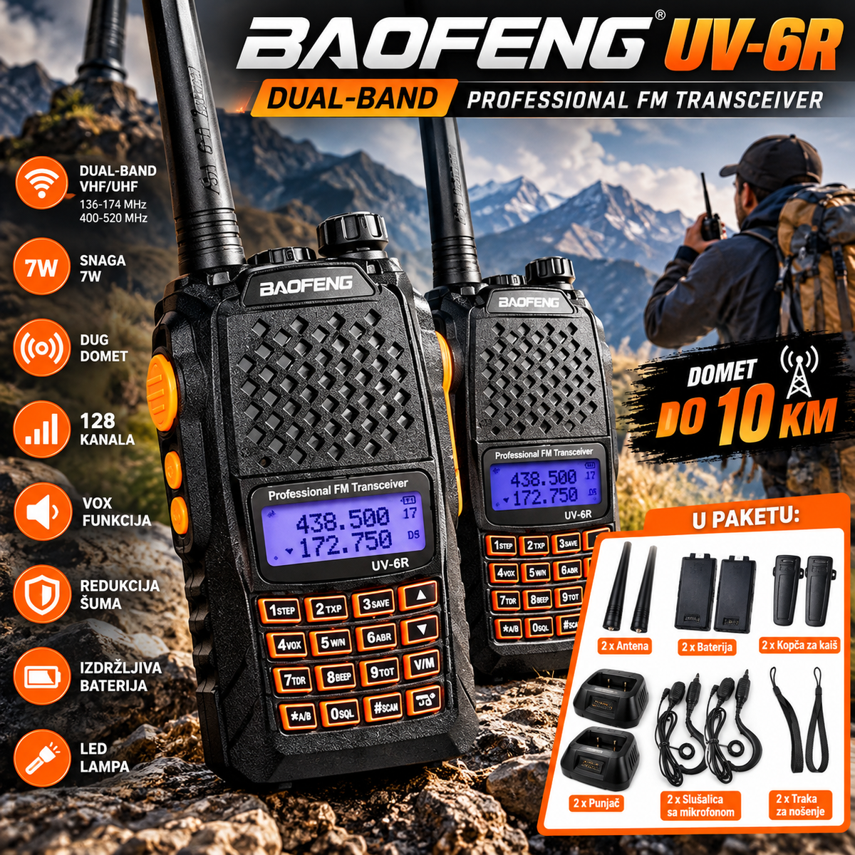 Baofeng UV-6R 7W Dual Band Radio Stanica – VHF/UHF Prenosivi Toki Voki