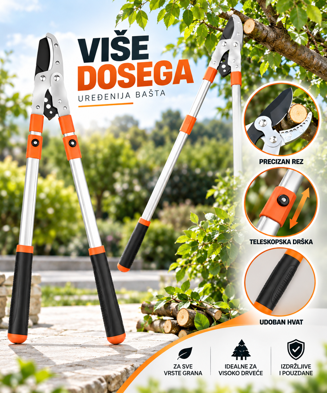 Teleskopske Makaze za Orezivanje – Makaze za Voće, Grane i Visoko Drveće sa Produživom Drškom
