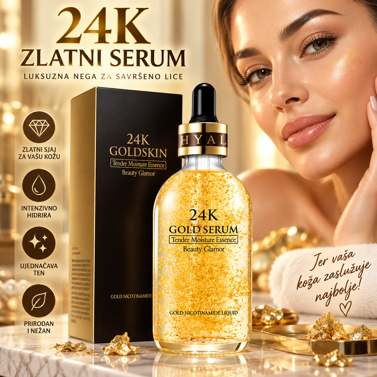 zlatni serum, 24K zlatni serum, serum za lice, serum za negu lica, serum protiv bora, anti age serum, hidratantni serum, serum za podmlađivanje, nega kože, nega lica, zlatna nega kože, 24K gold serum, kozmetika za lice, kozmetika, hidratacija kože, glatka koža, blistav ten, anti aging, serum za suvu kožu, serum za sve tipove kože

