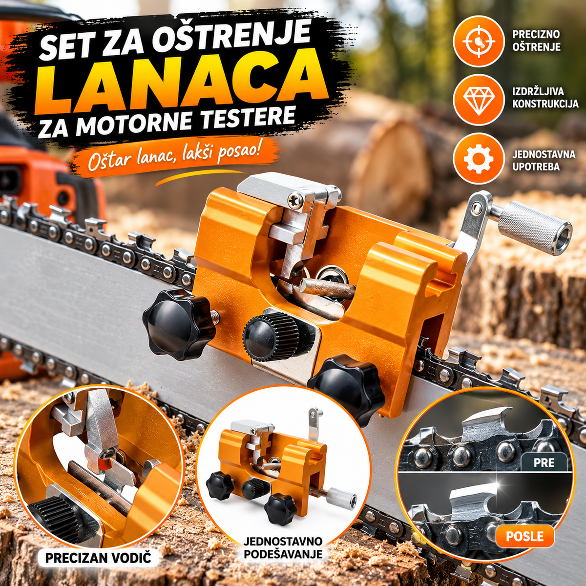 Set za Oštrenje Lanaca Motorne Testere – Kompletan Alat za Brzo i Precizno Oštrenje Lanca