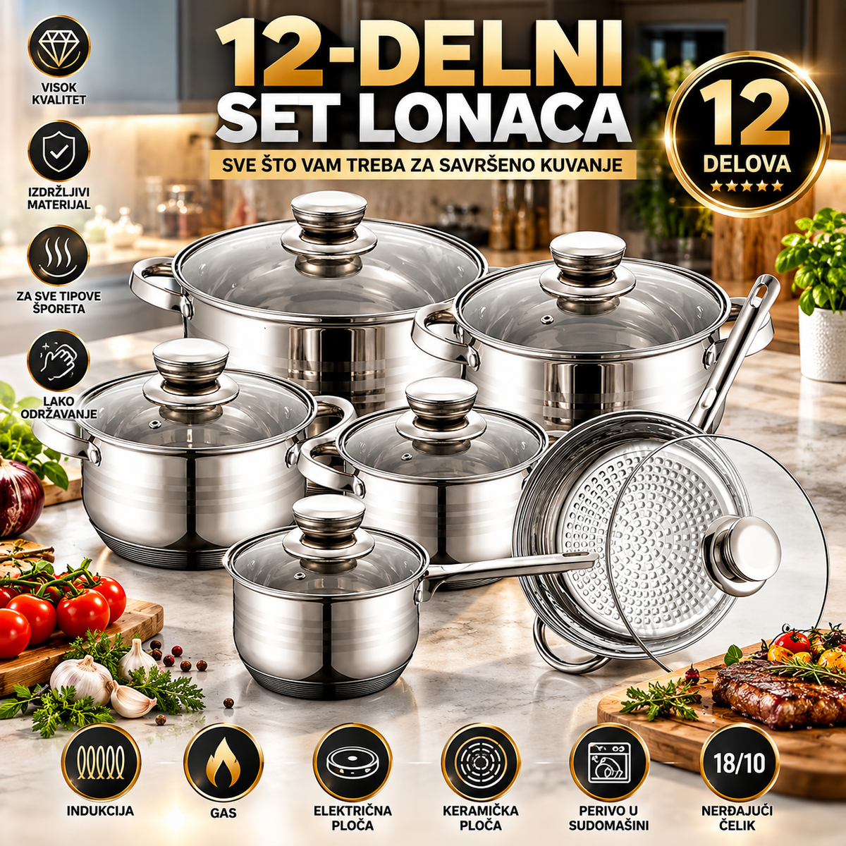 12-delni Set Lonaca – Kvalitetno Posuđe za Kuvanje sa Praktičnim Poklopcima