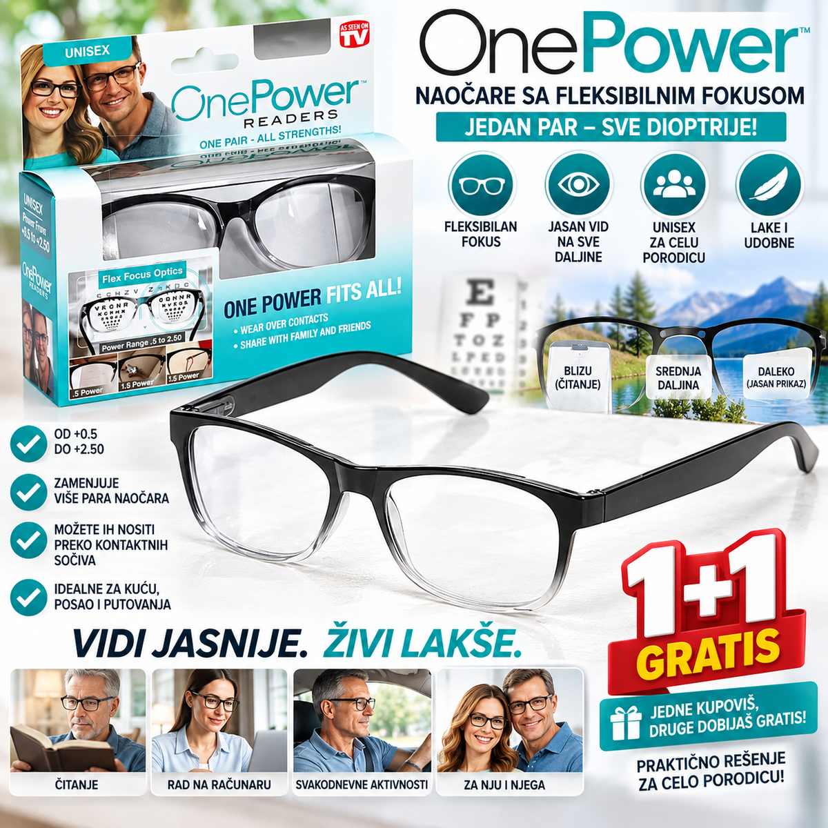 One Power Naočare sa Fleksibilnim Fokusom 1+1 GRATIS – Podesive Naočare za Jasniji Vid na Različitim Udaljenostima