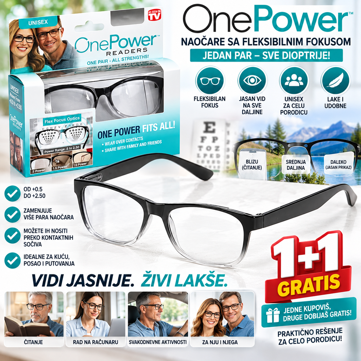 One Power Naočare sa Fleksibilnim Fokusom 1+1 GRATIS – Podesive Naočare za Jasniji Vid na Različitim Udaljenostima