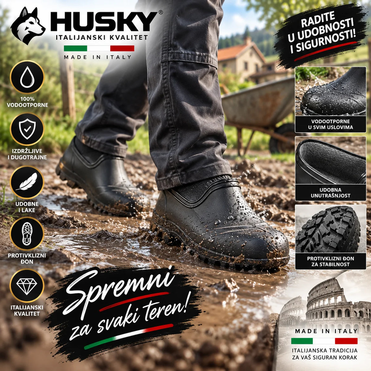 HUSKY Vodootporne Kaljače 42–46 – Protivklizne Radne Cipele sa Anatomski Oblikovanim Đonom