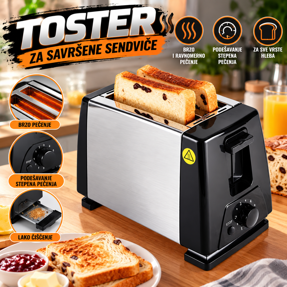Toster za Hleb sa Dve Pregrade – Inox Električni Toster sa Podesivim Stepenom Pečenja