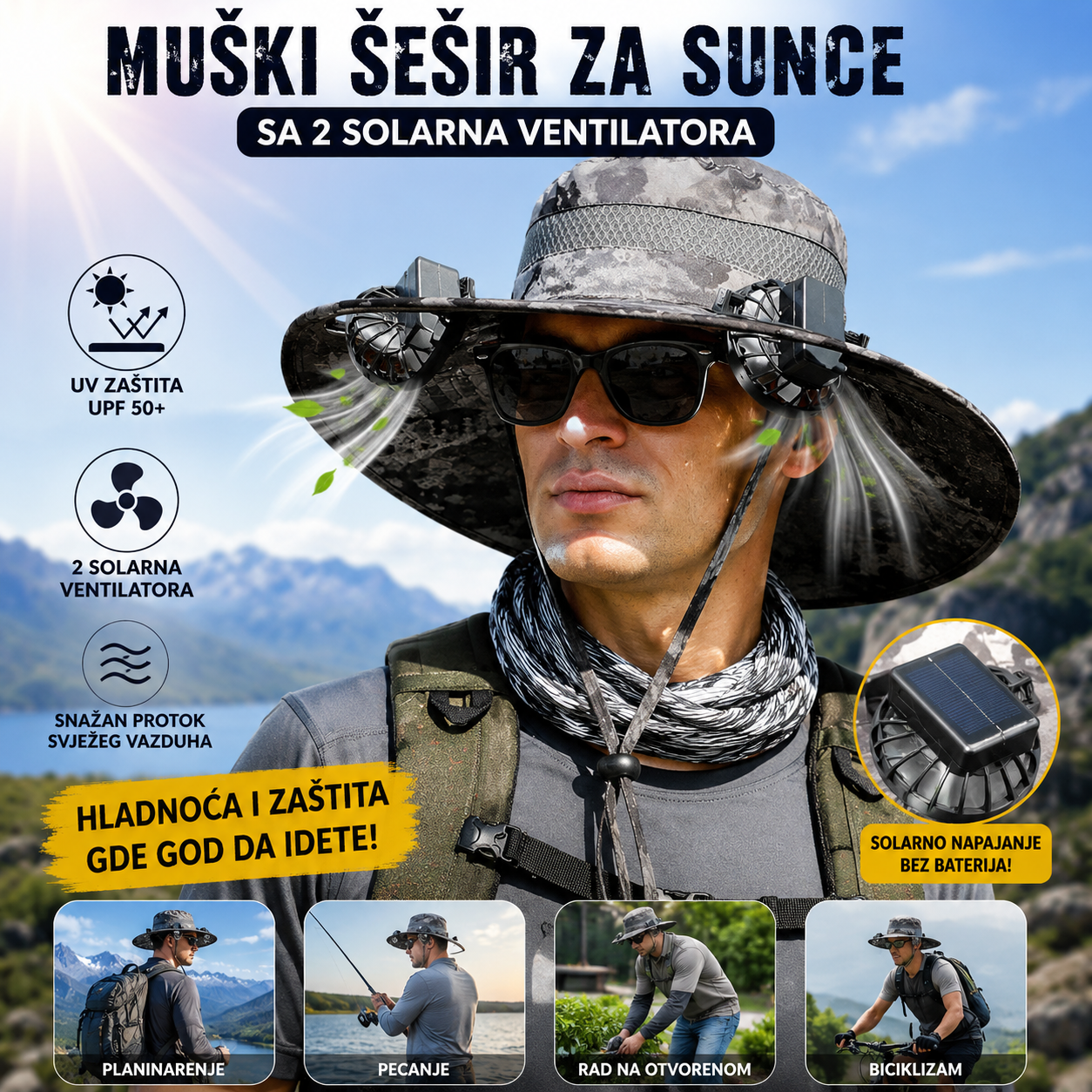 Muški Šešir za Sunce sa 2 Solarna Ventilatora – Hlađenje i UV Zaštita za Leto