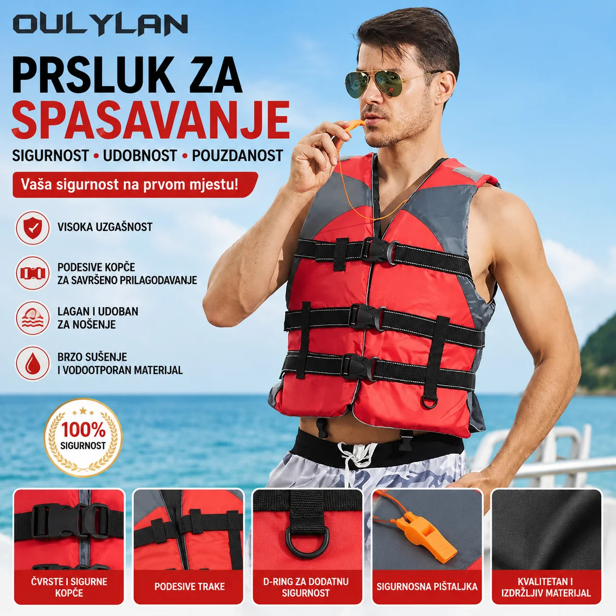 Prsluk za Spasavanje za Odrasle – Univerzalni Sigurnosni Prsluk sa Pištaljkom za Čamac, Ribolov i Vodene Sportove
