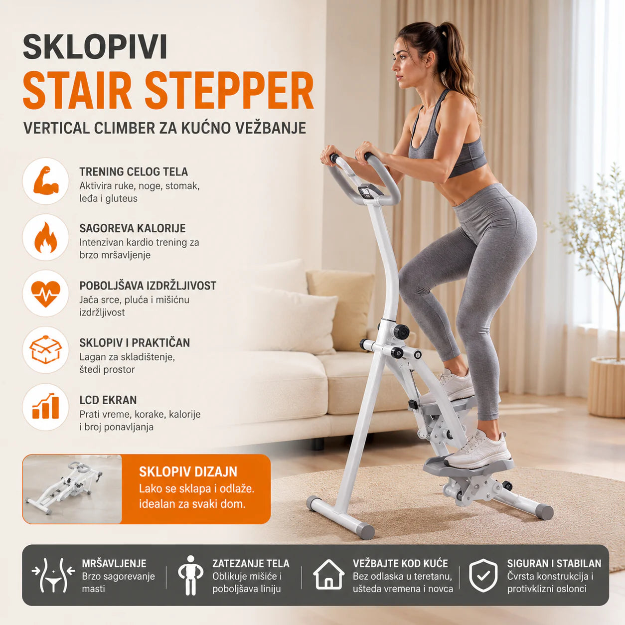 Sklopivi Stair Stepper za Kućno Vežbanje – Vertical Climber Sprava za Kardio, Mršavljenje i Trening Celog Tela