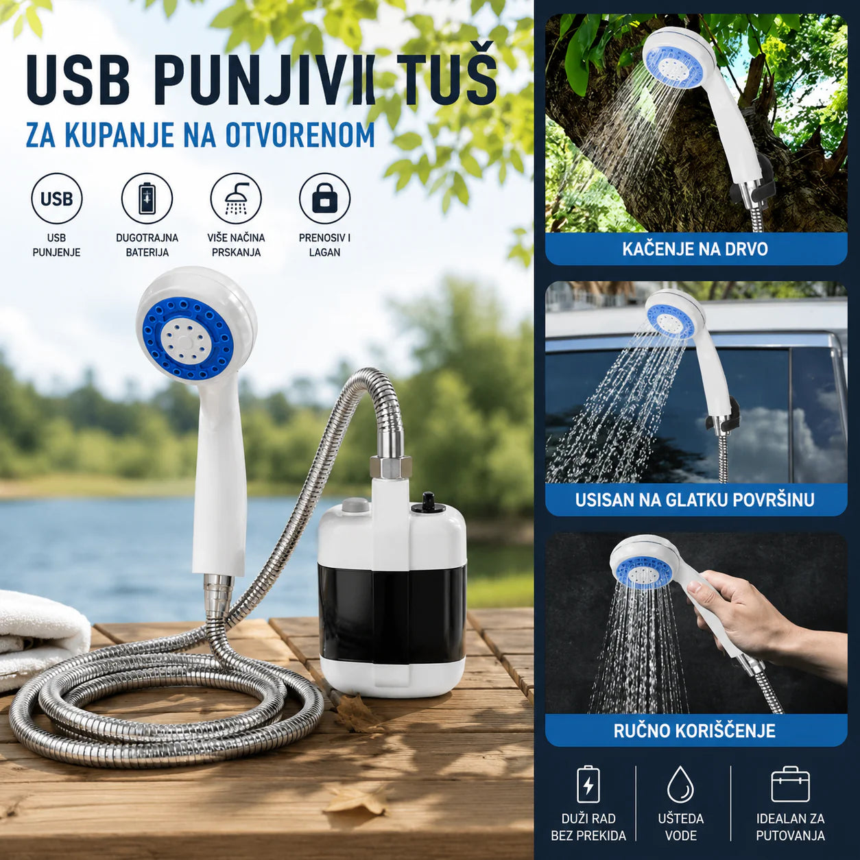 USB Punjivi Tuš za Kampovanje i Kupanje na Otvorenom – Prenosivi Tuš sa Pumpom za Auto, Plažu, Kamp i Vikendicu