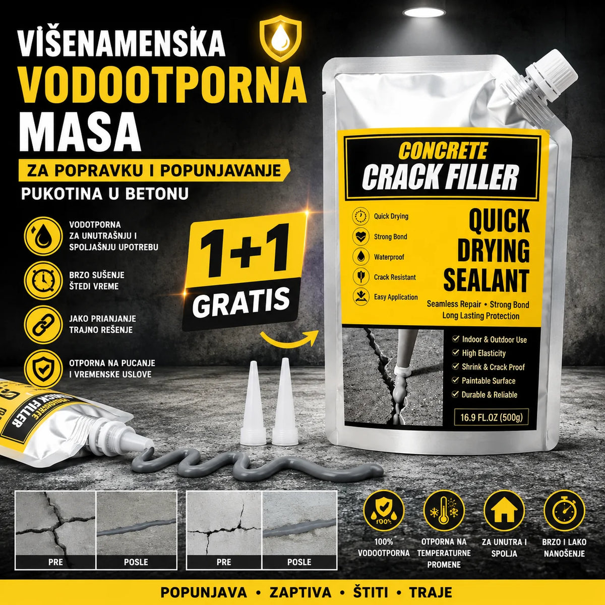 Višenamenska vodootporna masa za popravku i popunjavanje pukotina u betonu 1+1 Gratis