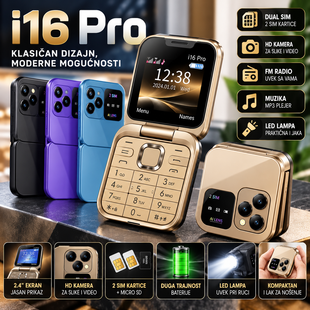 Mini mobilni telefon na preklop i16 Pro