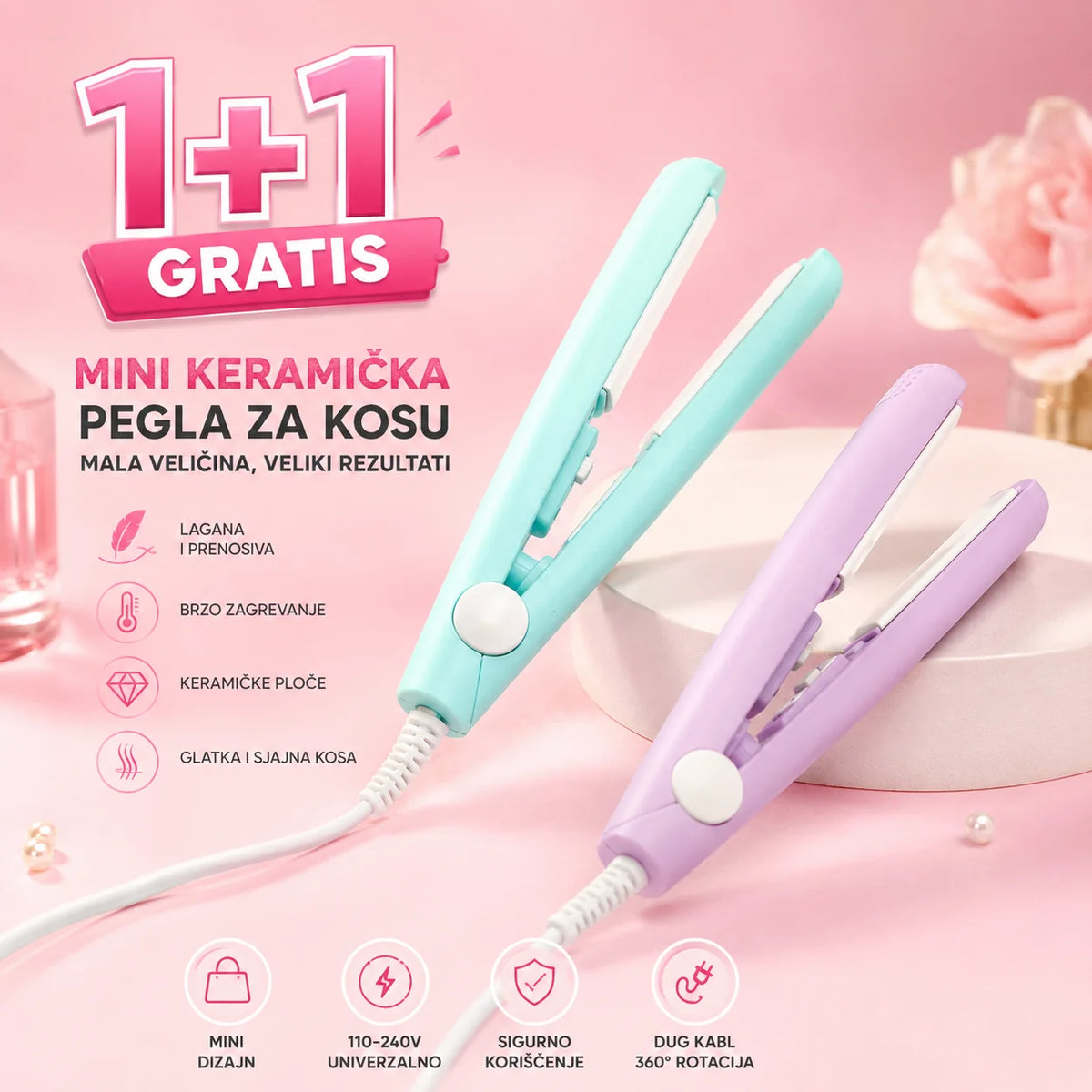 Mini Keramička Pegla za Kosu 1+1 GRATIS – Mini Pegla za Ispravljanje i Uvijanje Kose, Putna Pegla