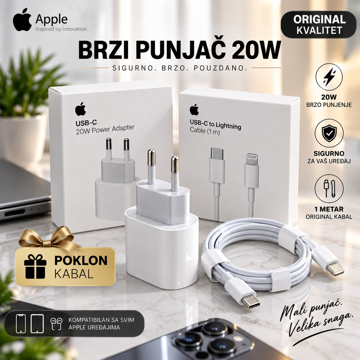 rzi Punjač 20W sa Originalnim Kablom na Poklon – Fast Charger za Telefon, USB Brzo Punjenje