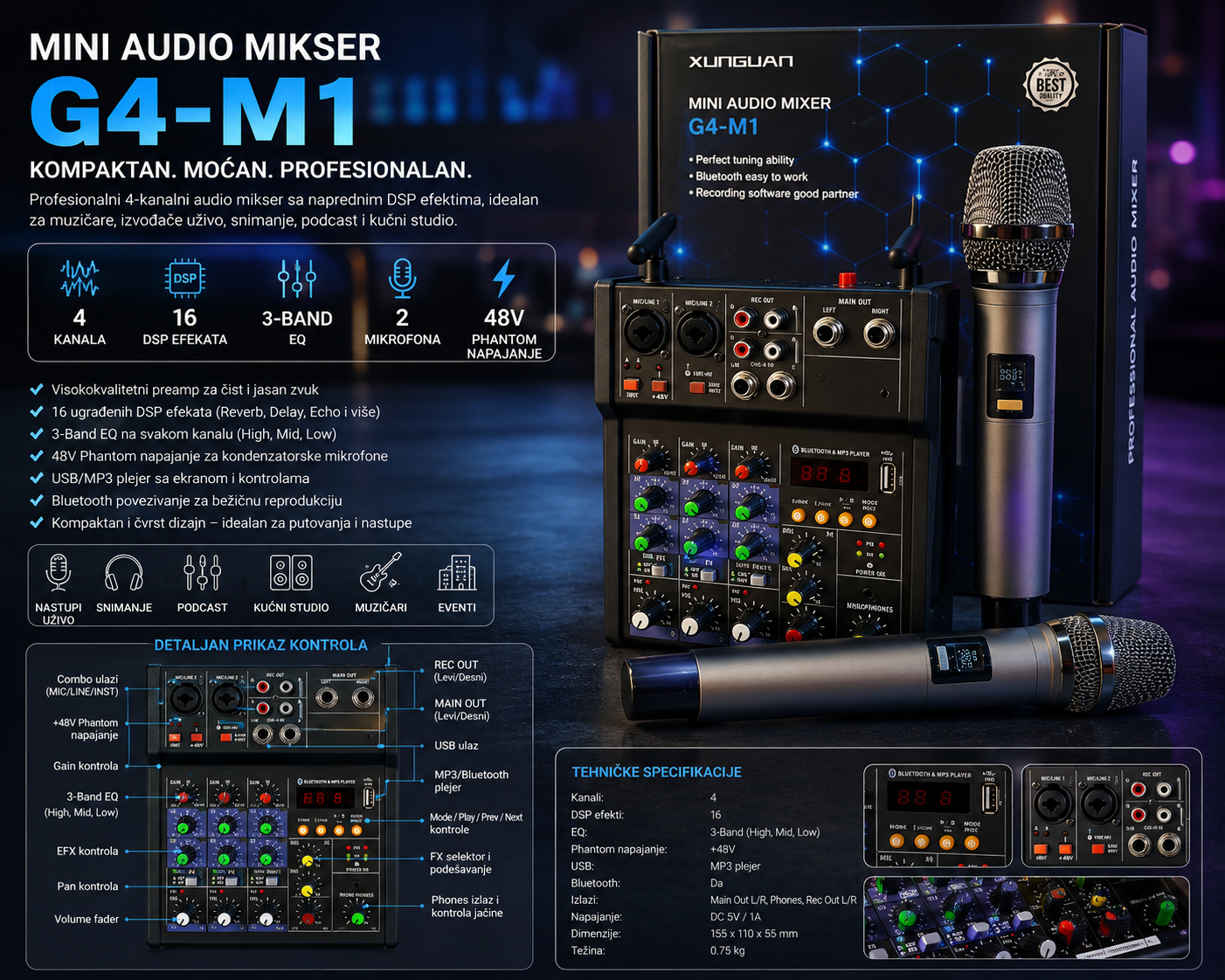 sionalna Mikseta sa 16 DSP Efekata, 3-Band EQ, 48V Phantom Napajanjem i Dual Mikrofonom