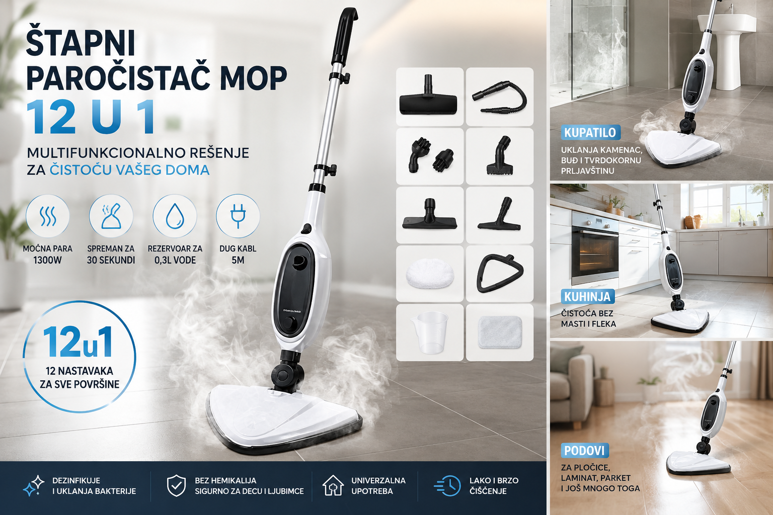 Štapni Paročistač Mop 12 u 1 – Multifunkcionalni Parni Čistač za Podove, Kupatilo i Kuhinju