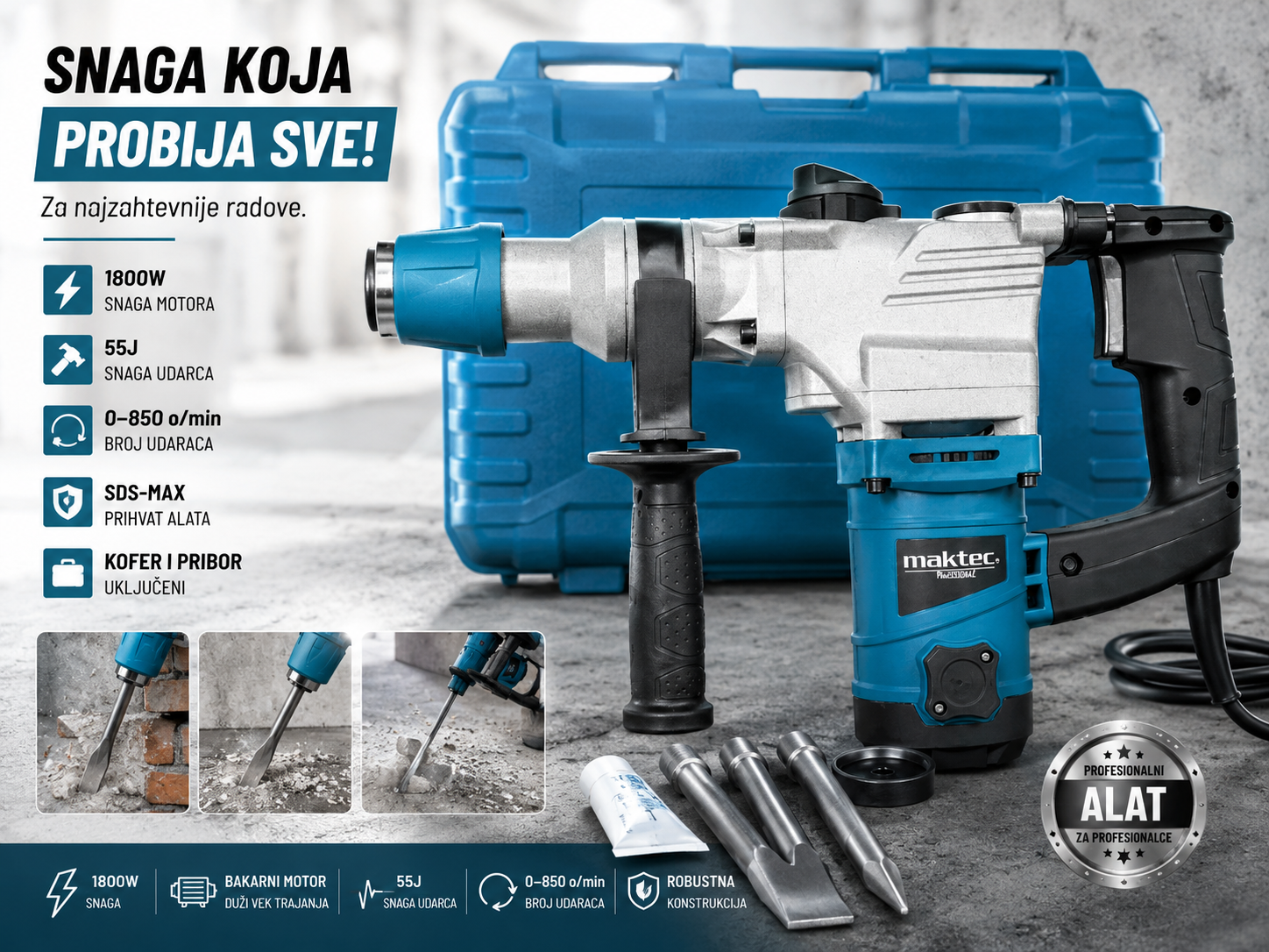 Štemarica 1800W – Električni Hilti za Štemovanje, Razbijanje Betona i Bušenje Zida