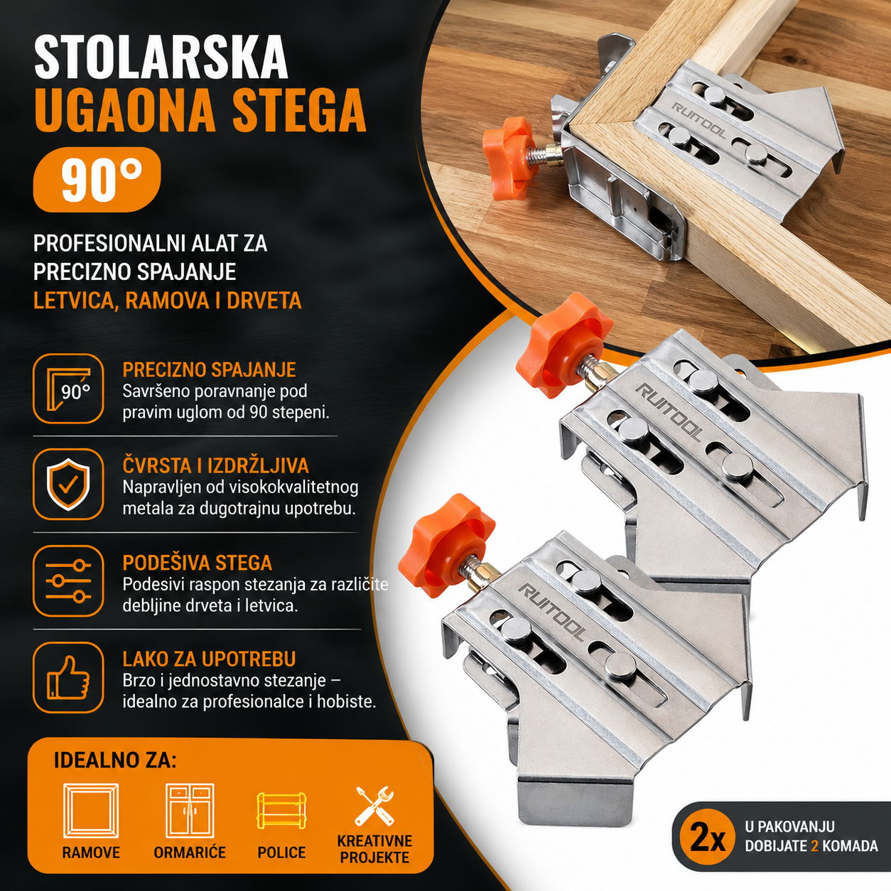 tolarska Ugaona Stega 90° – Profesionalni Alat za Precizno Spajanje Letvica, Ramova i Drveta