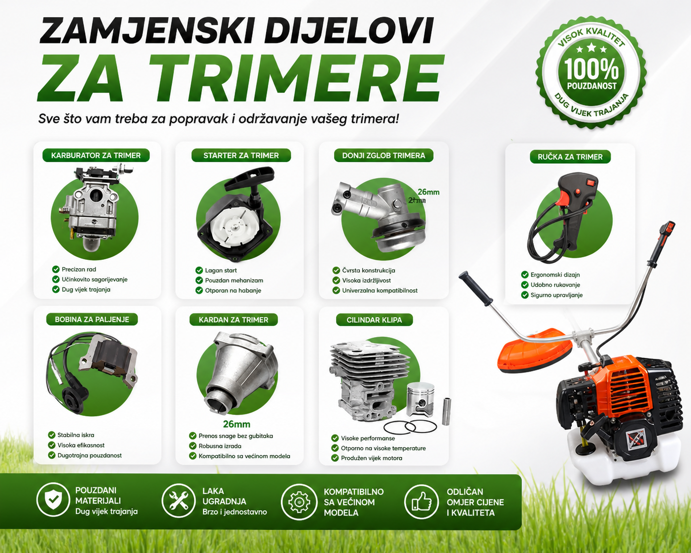 Zamenski Delovi za Trimer – Karburator, Starter, Bobina, Kardan i Cilindar